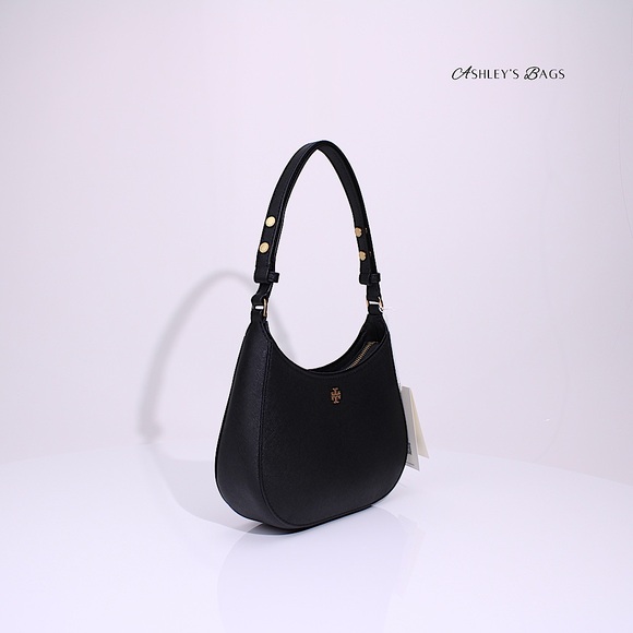 Tory Burch Emerson Saffiano Leather Shoulder Bag & Card Holder Wallet In Black - Picture 4 of 13